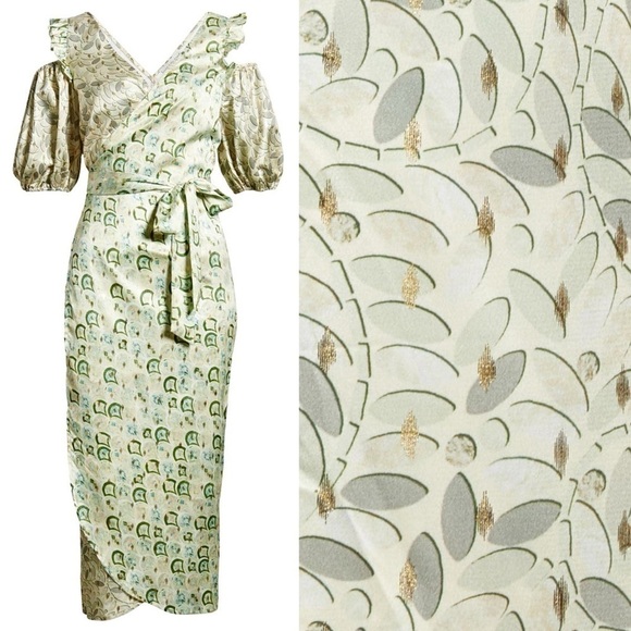 NEVER FULLY DRESSED Satin Puffed Sleeve Cold Shoulder Ruffled Wrap Midi Dress 2 - Picture 13 of 13